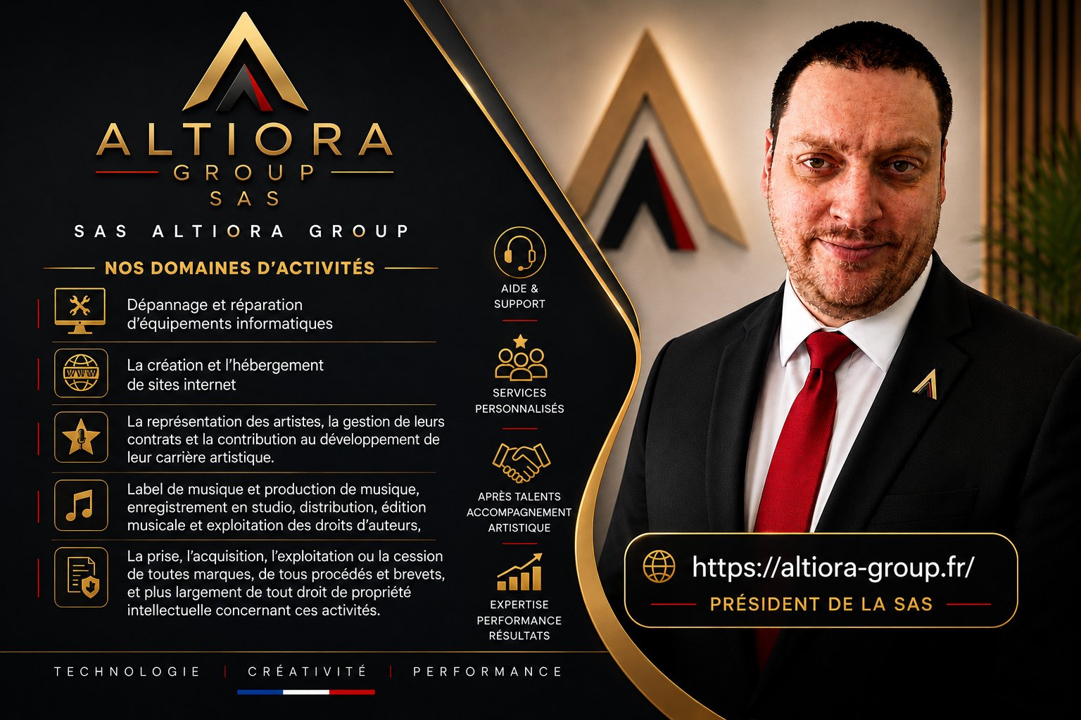 Domaines d'activités d'Altiora Group SAS : dépannage et réparation d'équipements informatiques ; création et hébergement de sites internet ; représentation des artistes, gestion de leurs contrats et développement de leur carrière ; label et production de musique, enregistrement studio, distribution et édition musicale ; acquisition et exploitation de marques, procédés et brevets ; édition et diffusion de programmes radio. Aide et support, services personnalisés, accompagnement artistique, expertise et performance. Ludovic Minot, Président de la SAS.